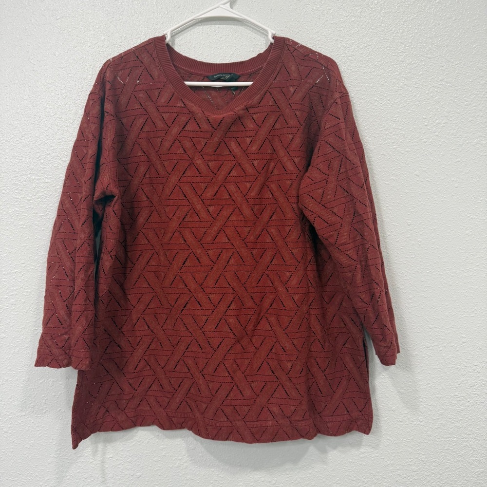 Banana Republic Womens XL Rust Red Geometric Open Knit V-Neck Sweater 3/4 Sleeve